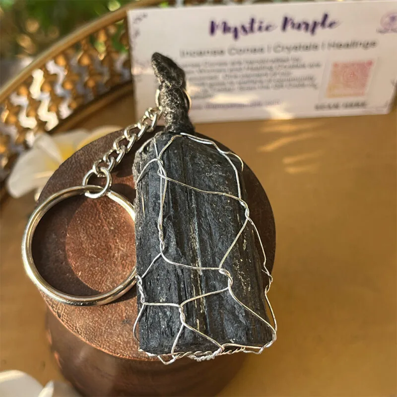 Black Tourmaline Healing Crystal Raw Stone Charmer Key Chain