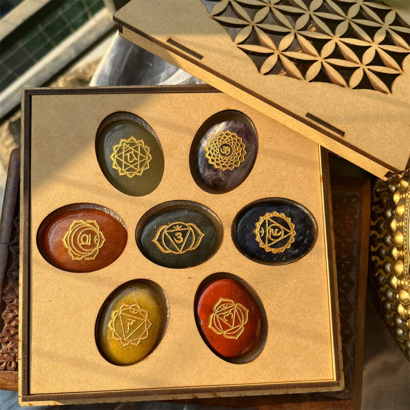 7 Chakra Symbol and Mantra Engraved Healing Crystal Stones Box