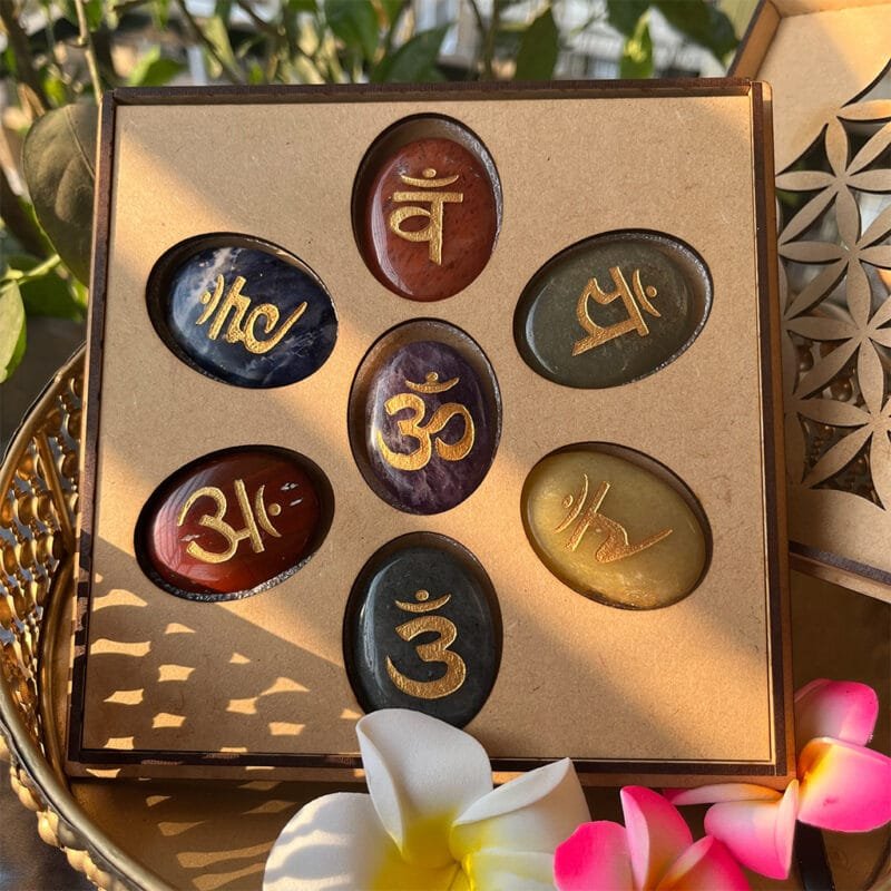 7 Chakra Mantra Engraved Healing Crystal Stones Box - Image 2