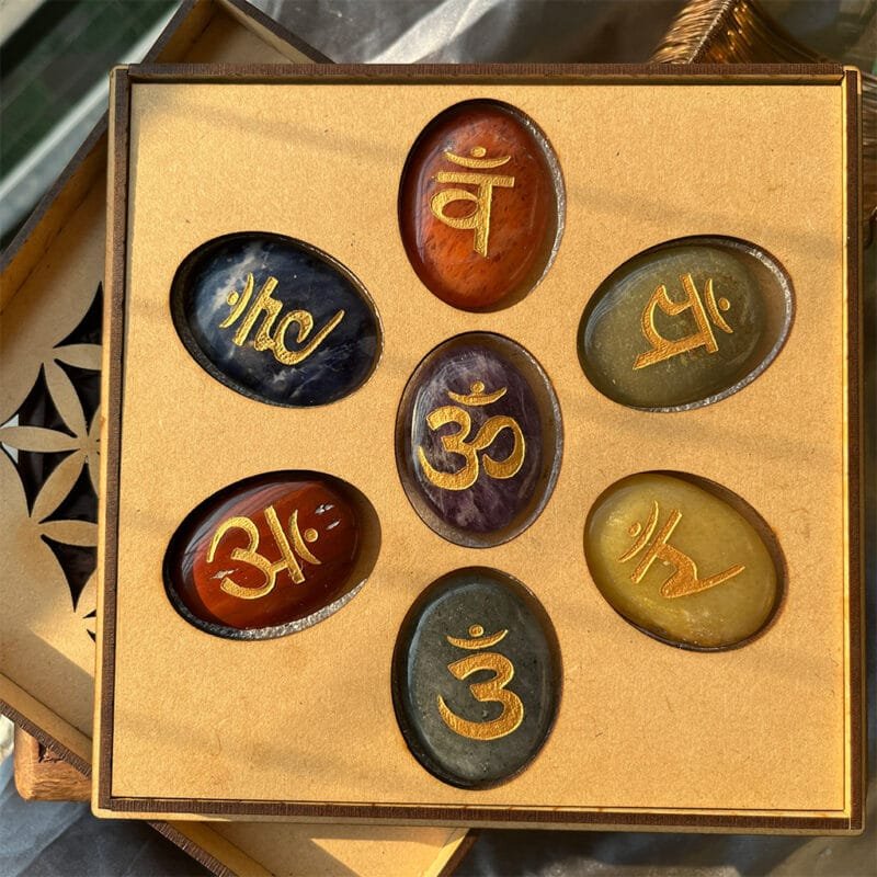 7 Chakra Mantra Engraved Healing Crystal Stones Box